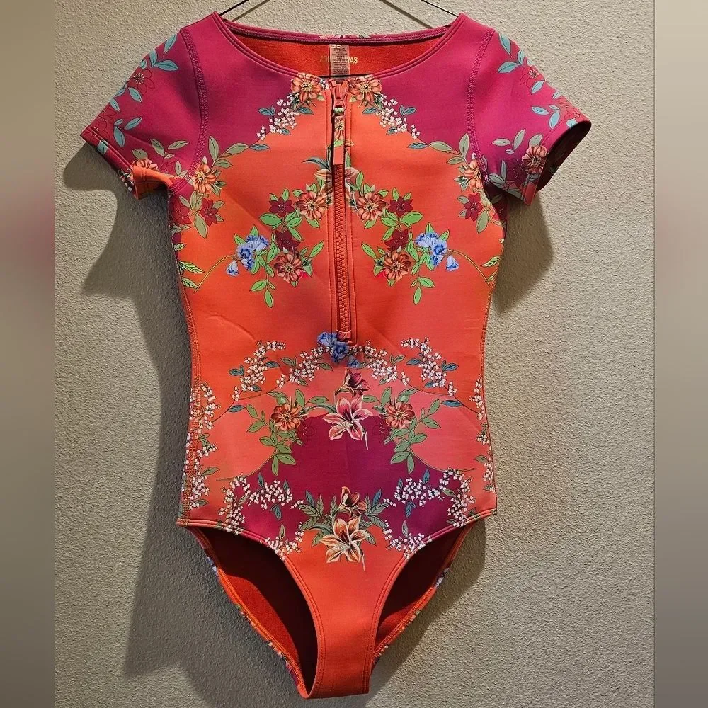 NWOT Johnny Was Wave Surf One Piece Swimsuit Pink Orange Size XS